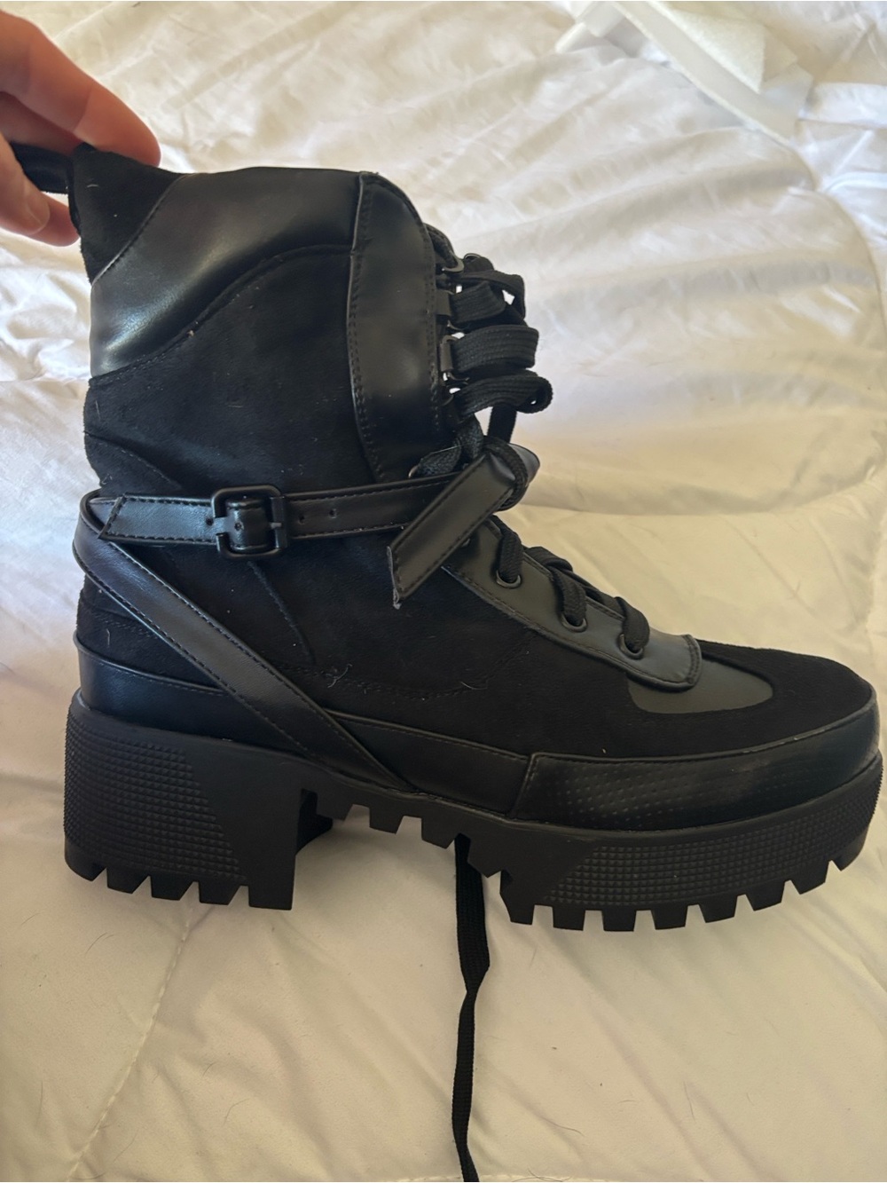 PrettyLittleThing Black Chunky Lace-Up Moto Boot with Buckle Strap